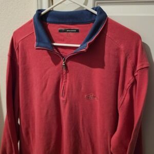 Greg Norman Mens XL Quarter Zip Pullover Salmon Navy Blue Mock Neck Shark Logo